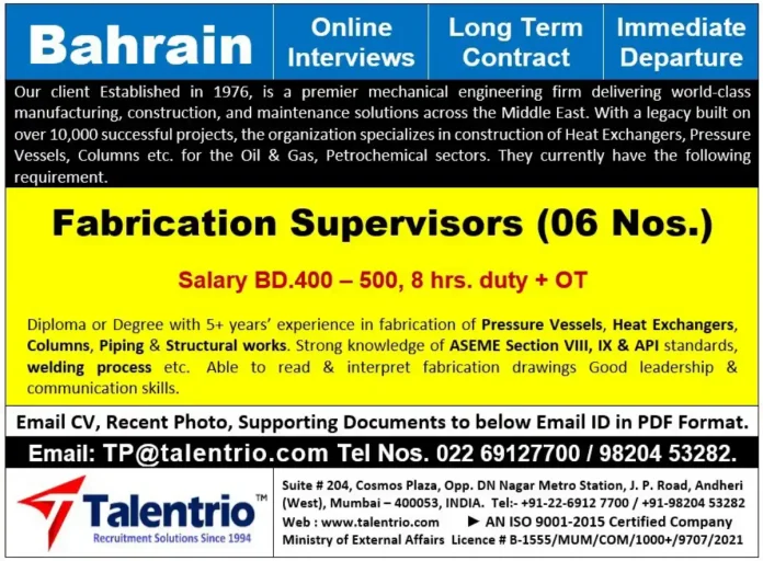 Fabrication Supervisor job in Bahrain with Talentrio