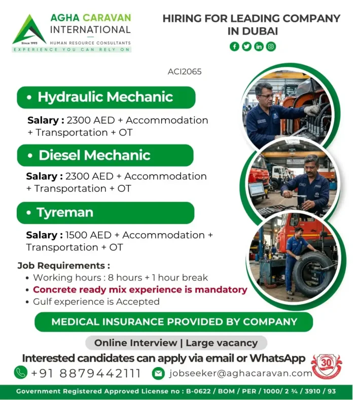 Agha Caravan International hiring for mechanical jobs in Dubai