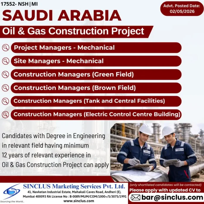 Oil and gas construction project in Saudi Arabia with engineers and managers