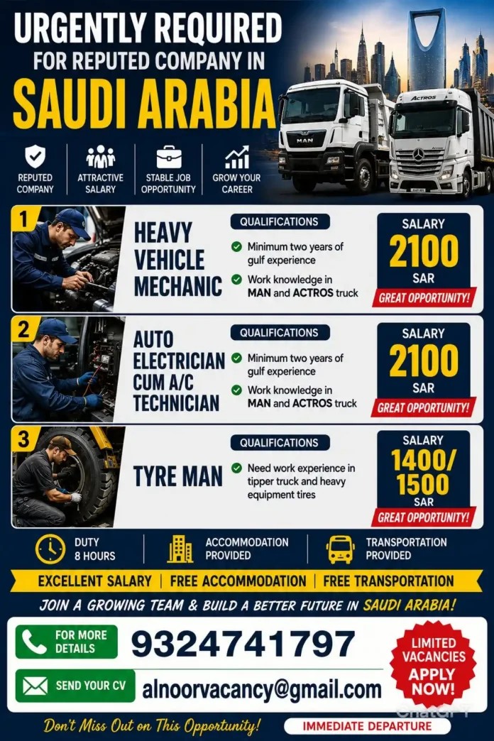 Heavy vehicle mechanic in Saudi Arabia job opportunity