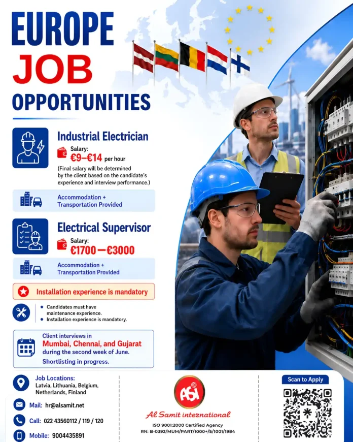Industrial Electrician and Electrical Supervisor job opportunities in Europe