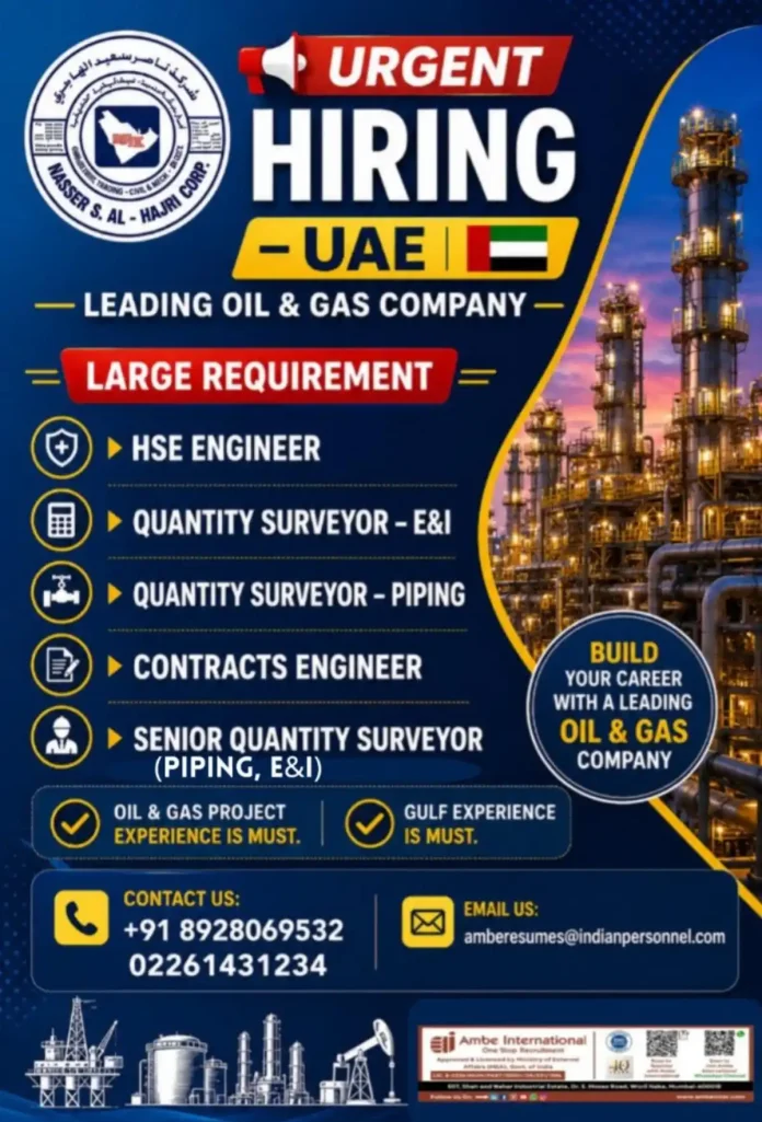 Urgent hiring poster for oil and gas jobs in UAE