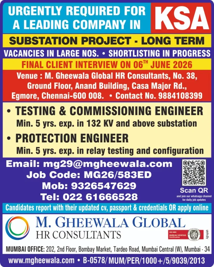 M. Gheewala Global HR Consultants job recruitment for KSA substation project