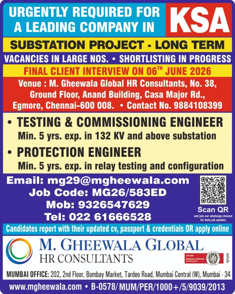 Urgently Required – Testing & Commissioning Engineer and Protection Engineer for KSA Substation Project