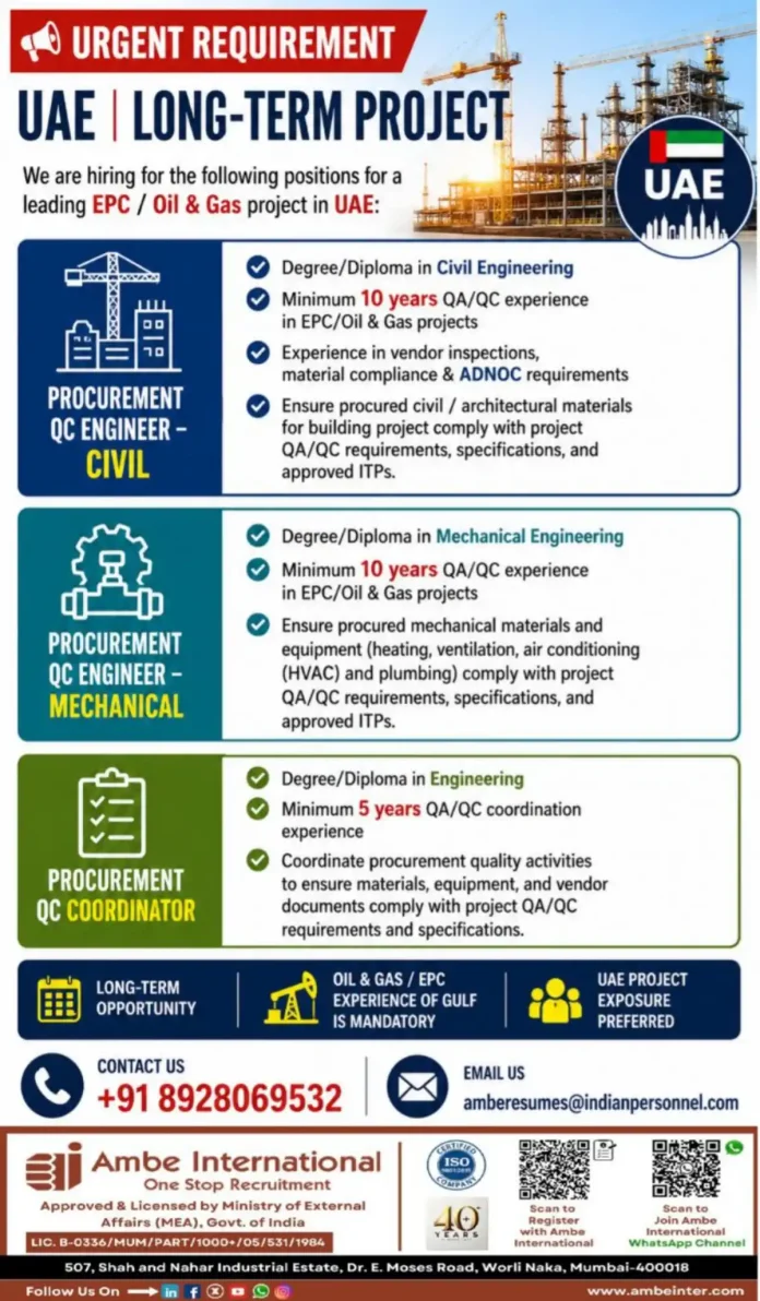 Procurement QC Engineer job opening UAE Oil and Gas