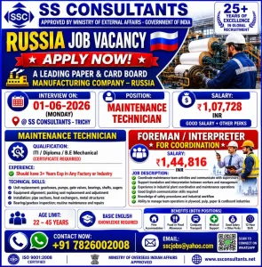 SS Consultants Russia job vacancy poster for Maintenance Technician and Foreman/Interpreter