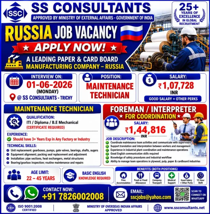 SS Consultants Russia job vacancy poster for Maintenance Technician and Foreman/Interpreter