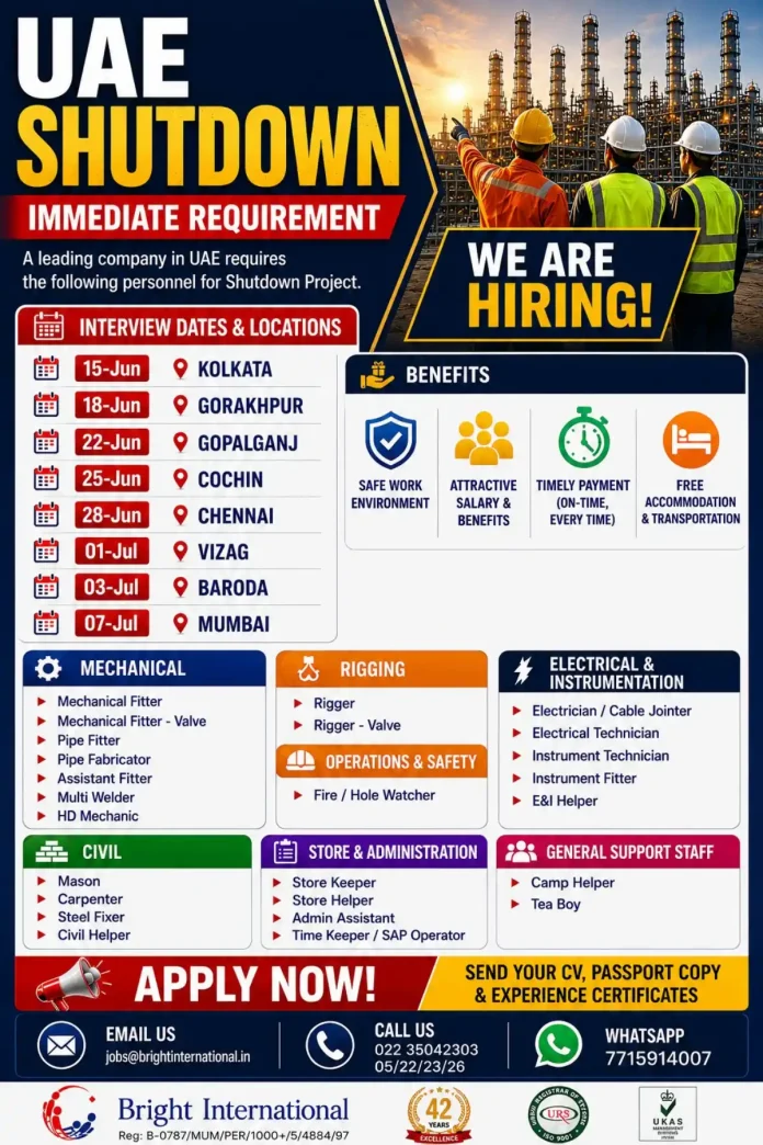 UAE Shutdown Project Jobs 2025 - Bright International
