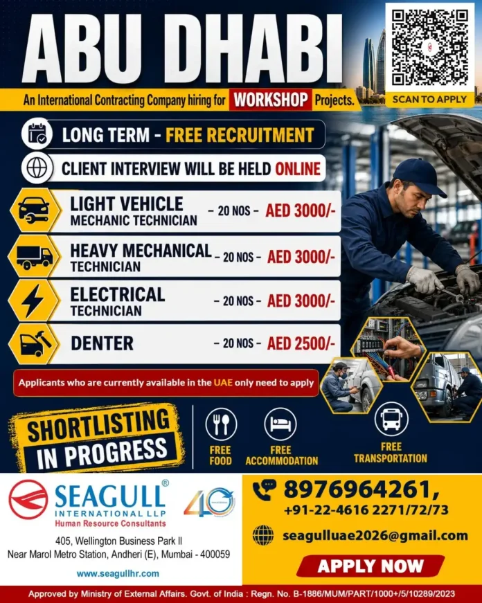 Abu Dhabi workshop job recruitment poster with list of positions and benefits