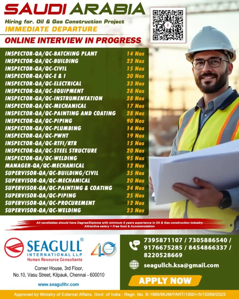 Urgent Hiring: QA/QC Inspectors & Supervisors for Oil & Gas Construction Project in Saudi Arabia – Apply Now