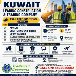 Kuwait Construction Jobs Hiring Mason Carpenter Painter Marble CNC Supervisor