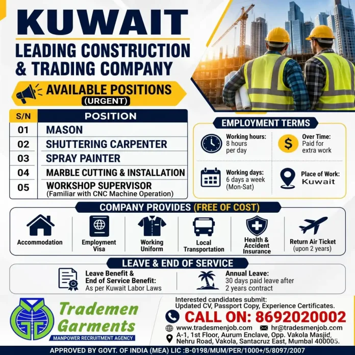 Kuwait Construction Jobs Hiring Mason Carpenter Painter Marble CNC Supervisor