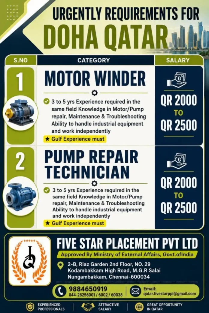 Motor Winder and Pump Repair Technician job opening in Doha Qatar