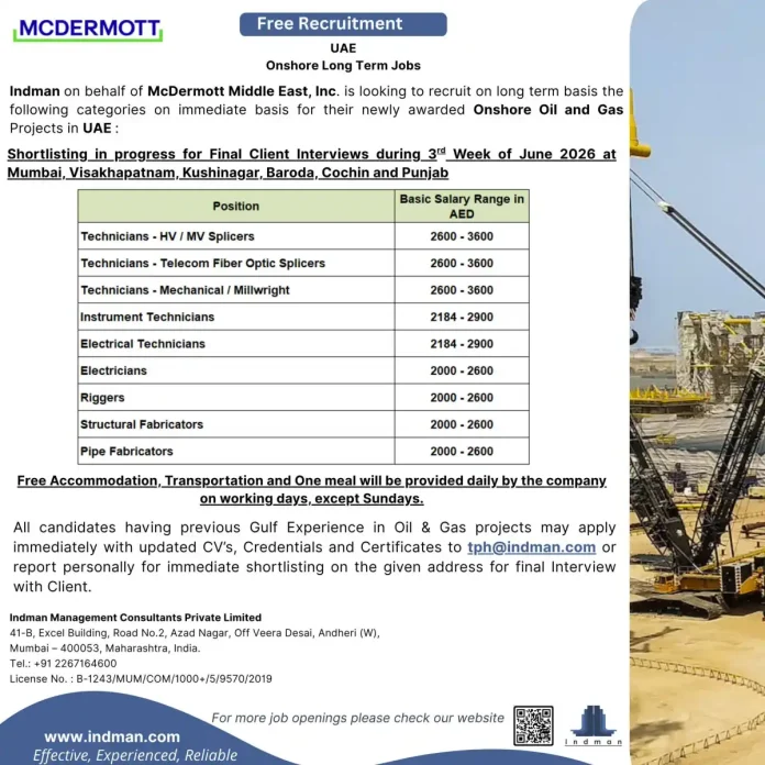 McDermott recruitment UAE onshore oil and gas jobs