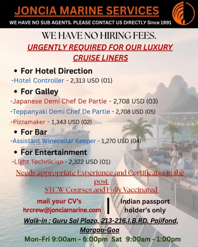 Luxury cruise liner job opening at Joncia Marine Services