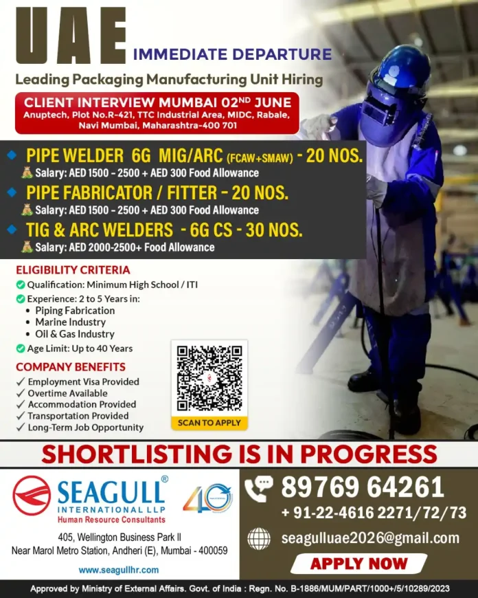 UAE welding jobs interview Mumbai June