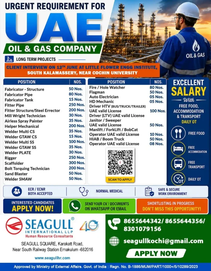 UAE Oil & Gas recruitment poster showing positions and interview details