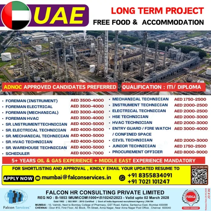 Falcon Services recruitment banner for Oil and Gas jobs in UAE with free accommodation
