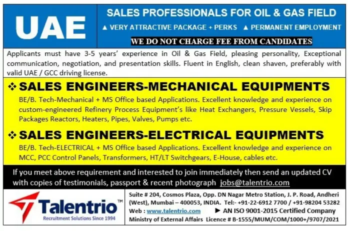 Oil and gas sales job in UAE