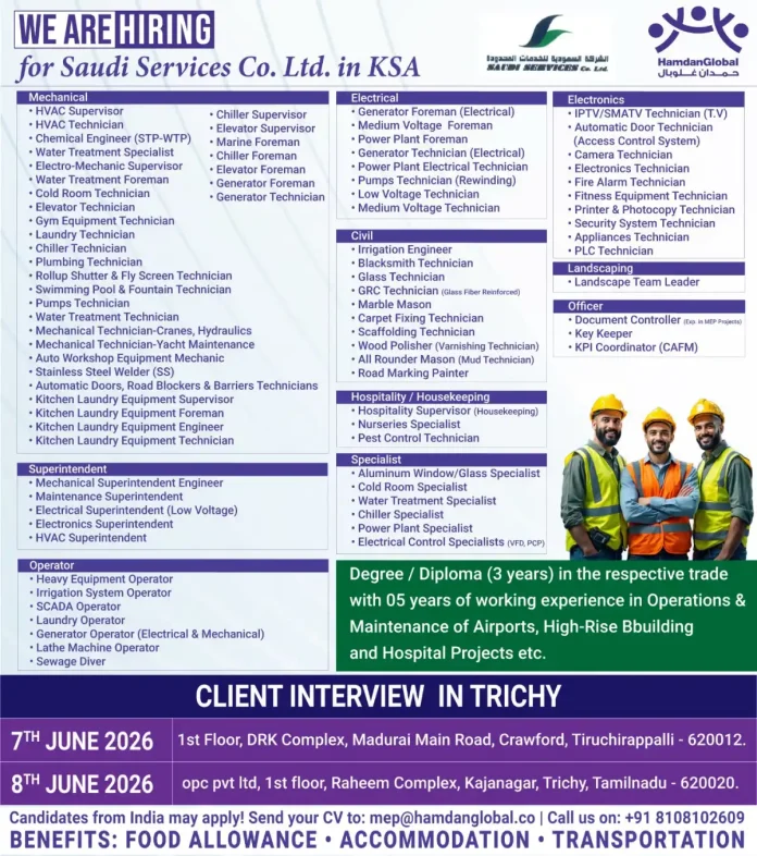 Saudi Services Co. Ltd. recruitment walk-in interview in Trichy