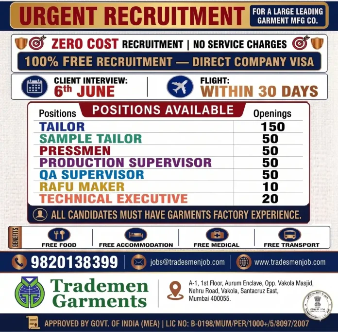 Recruitment poster for garment factory jobs with list of positions and benefits