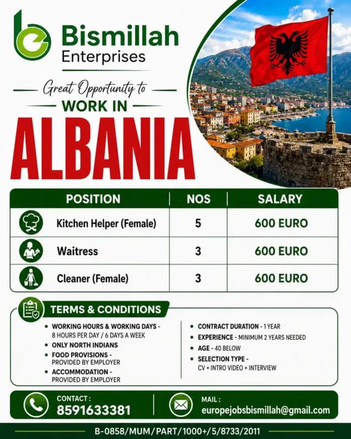 Work in Albania job opportunity for kitchen helper, waitress, cleaner