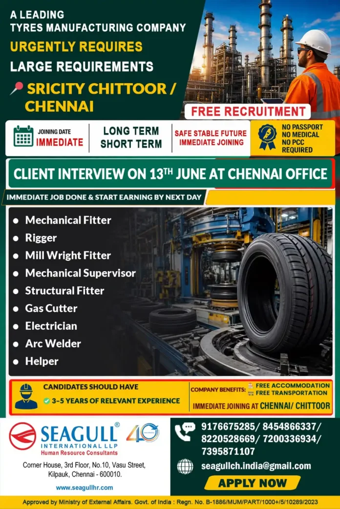 Tyre manufacturing recruitment drive for Chittoor and Chennai