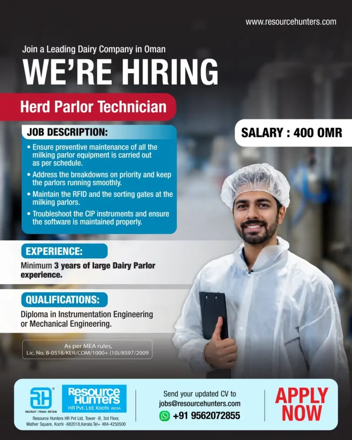 Herd Parlor Technician job posting at leading dairy company in Oman