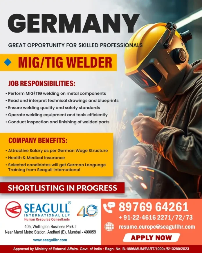 MIG/TIG welder working on metal component in Germany