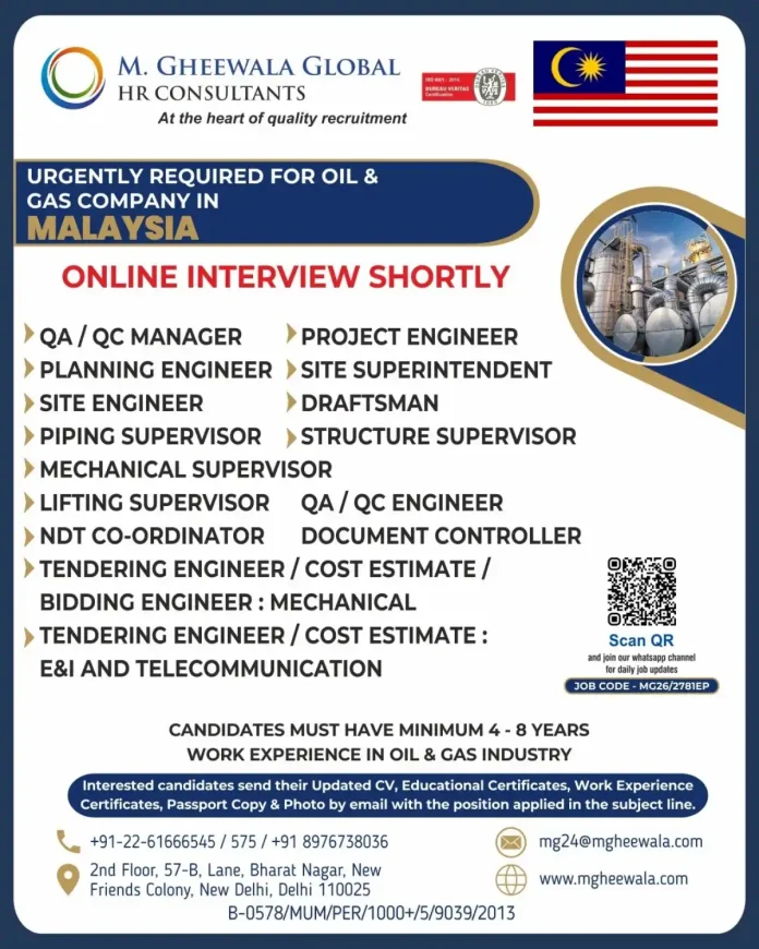 M. Gheewala Global HR Consultants recruitment ad for Oil & Gas jobs in Malaysia