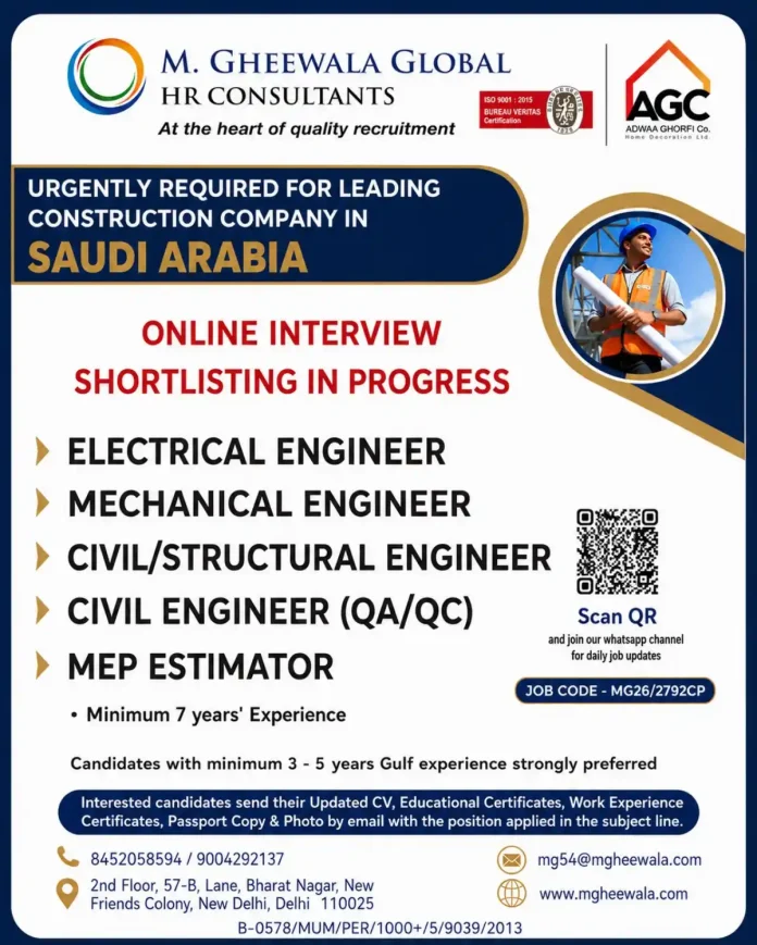 Construction company Saudi Arabia job openings for engineers and estimator