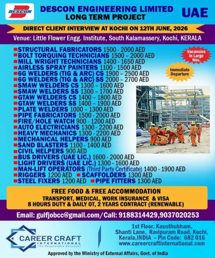 DESCON Engineering UAE job interview in Kochi June 2026