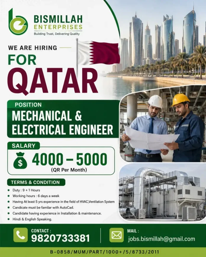 Mechanical and Electrical Engineer job vacancy in Qatar with Bismillah Enterprises