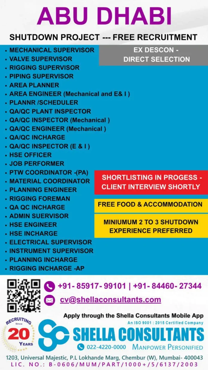 Shella Consultants recruitment banner for Abu Dhabi shutdown project