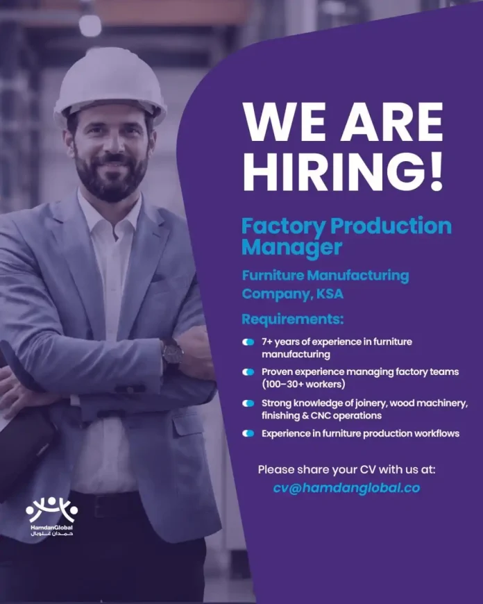 Factory Production Manager overseeing furniture manufacturing line in KSA