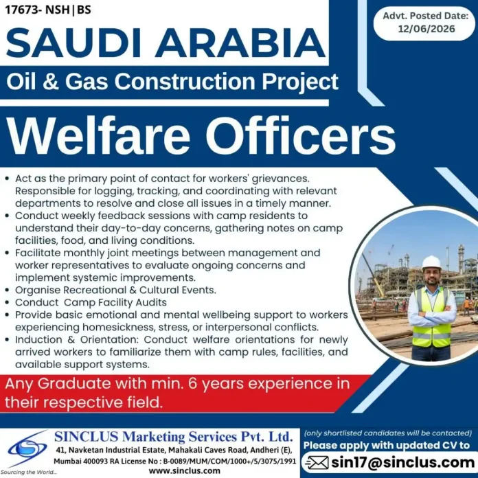 Welfare Officers job posting Saudi Arabia