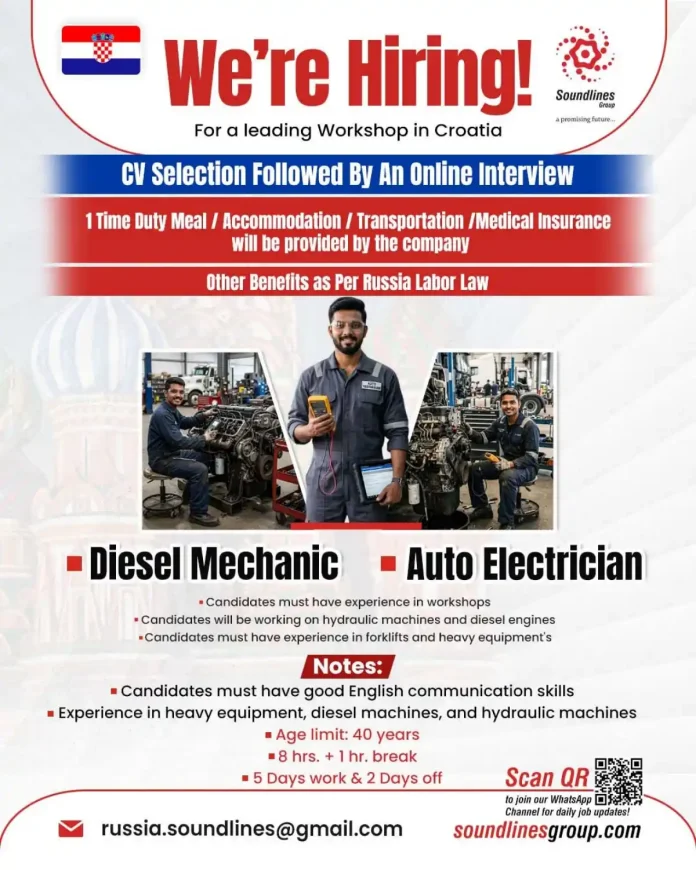 Soundlines Group job advertisement for Diesel Mechanic and Auto Electrician in Croatia