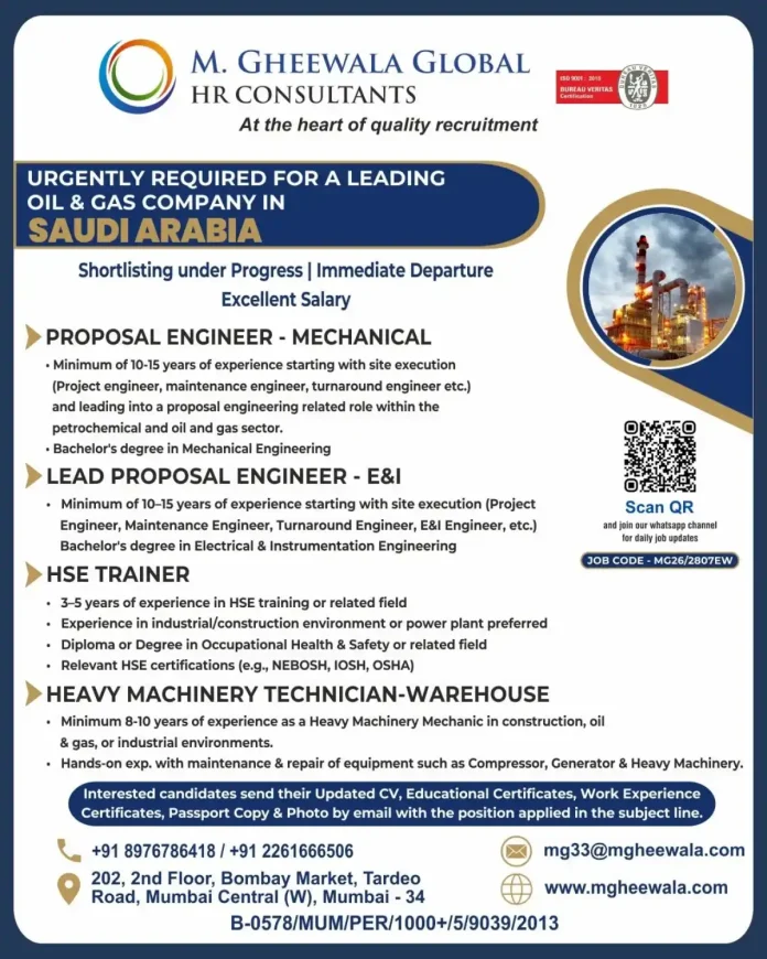 Job advertisement for oil and gas positions in Saudi Arabia