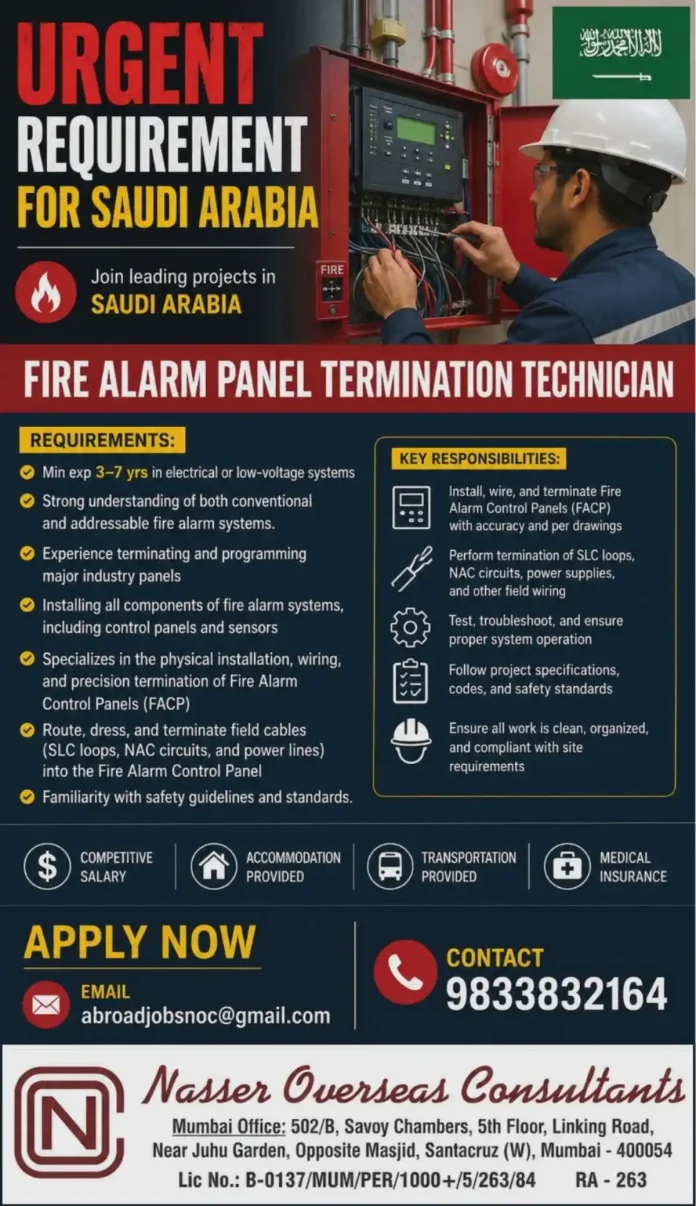 Fire Alarm Panel Termination Technician job Saudi Arabia