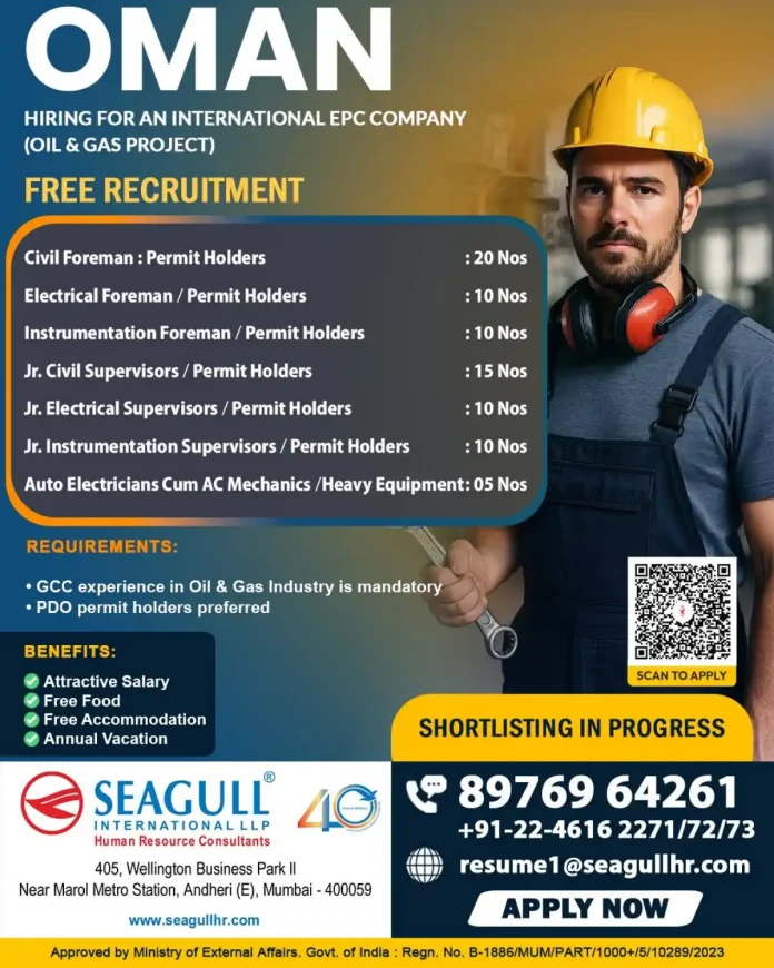 Oil and gas EPC recruitment Oman foreman supervisor jobs