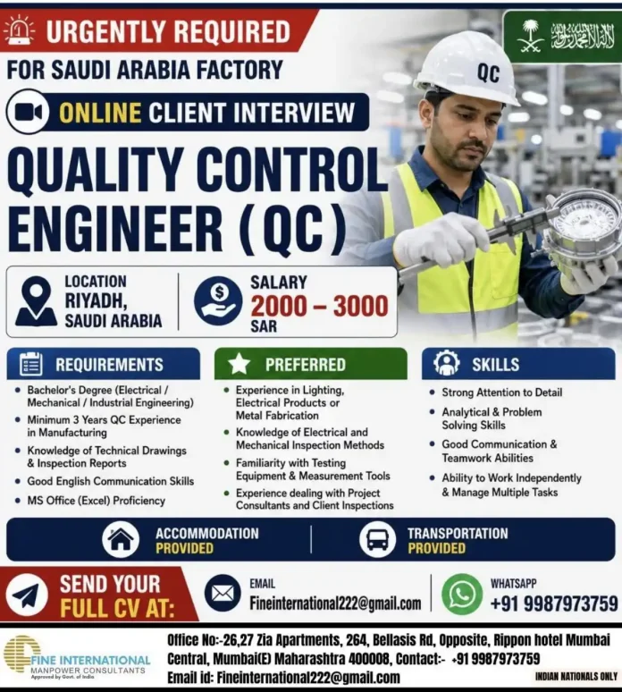 Quality Control Engineer job vacancy in Saudi Arabia