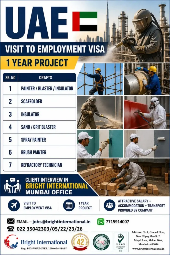 Bright International UAE job recruitment poster for Painters, Scaffolders, Insulators