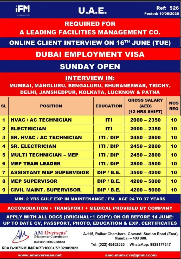 AM Overseas Recruitment for Dubai MEP Positions