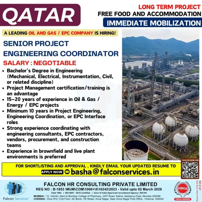 Falcon Services job posting for Senior Project Engineering Coordinator in Qatar