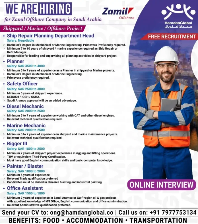 Zamil Offshore Company hiring for shipyard positions in Saudi Arabia