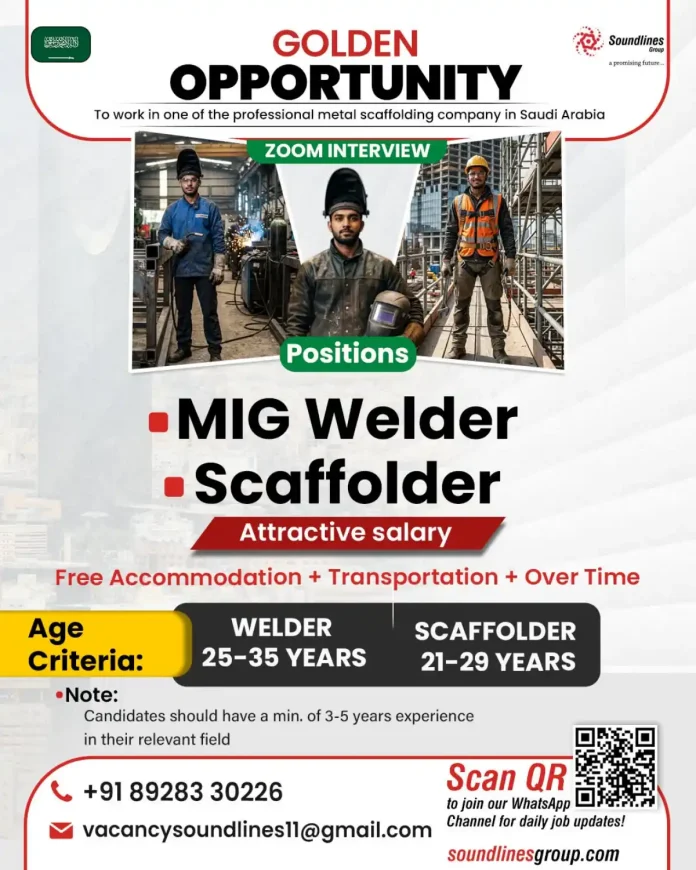 Soundlines Group hiring poster for MIG Welder and Scaffolder in Saudi Arabia