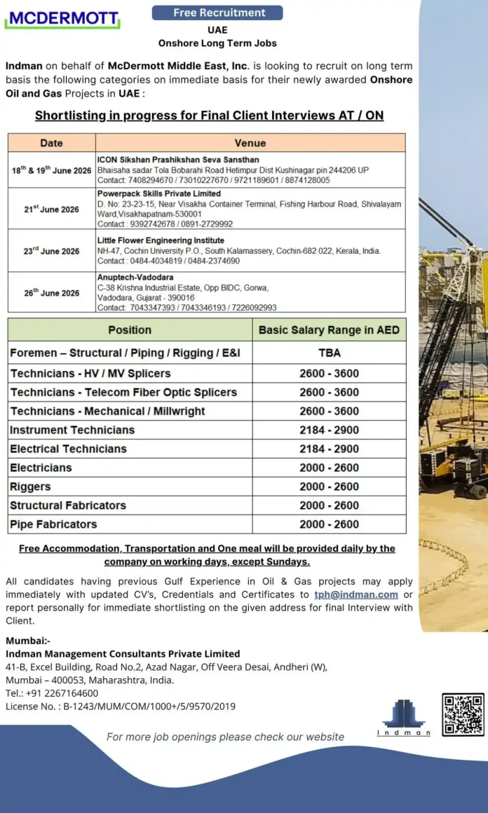 McDermott onshore oil and gas jobs in UAE recruitment 2026