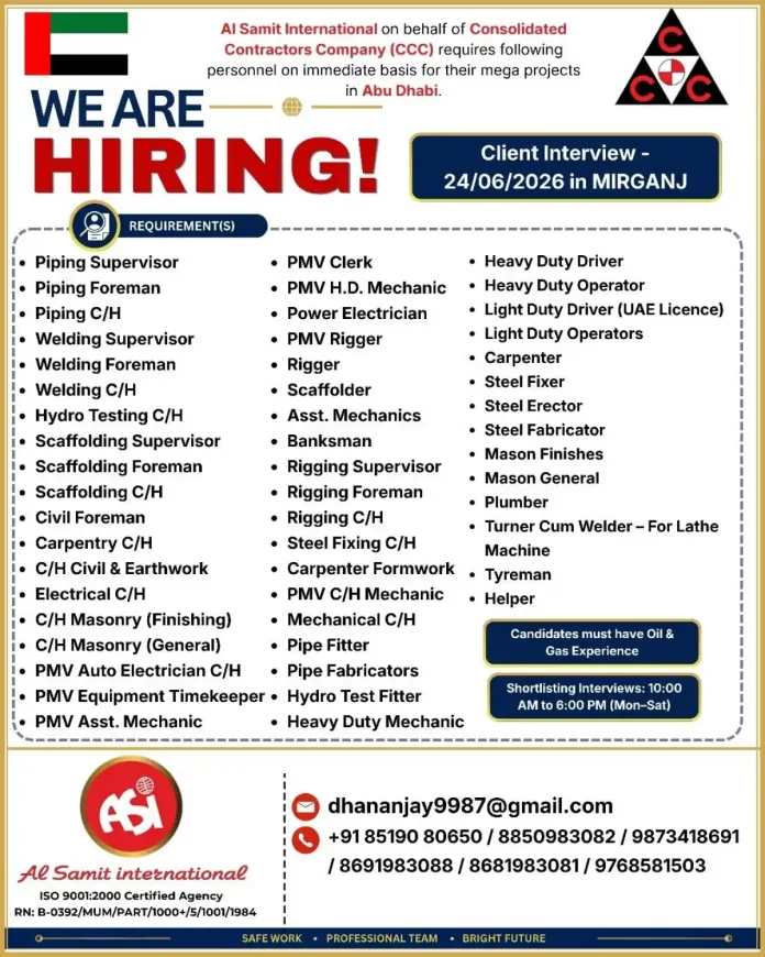 Hiring for CCC mega projects in Abu Dhabi