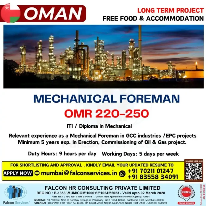 Mechanical Foreman job in Oman with Falcon Services