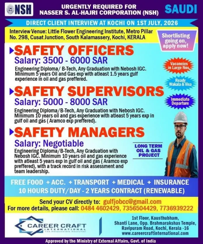 NSH Saudi Arabia Safety jobs interview Kochi 2026